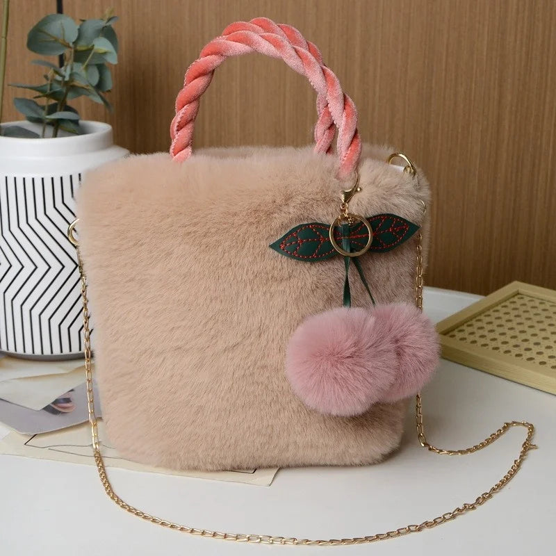 Fluffy Mini Crossbody Bag | Cherry Pom-Pom & Braided Handle | Braviixx