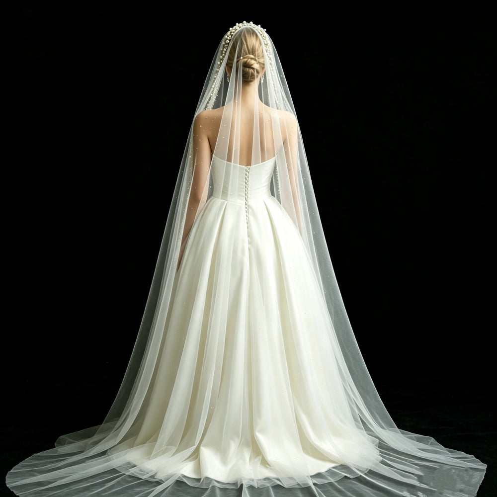 Pearl-Beaded Cathedral Bridal Veil | Single Tier with Comb | Braviixx