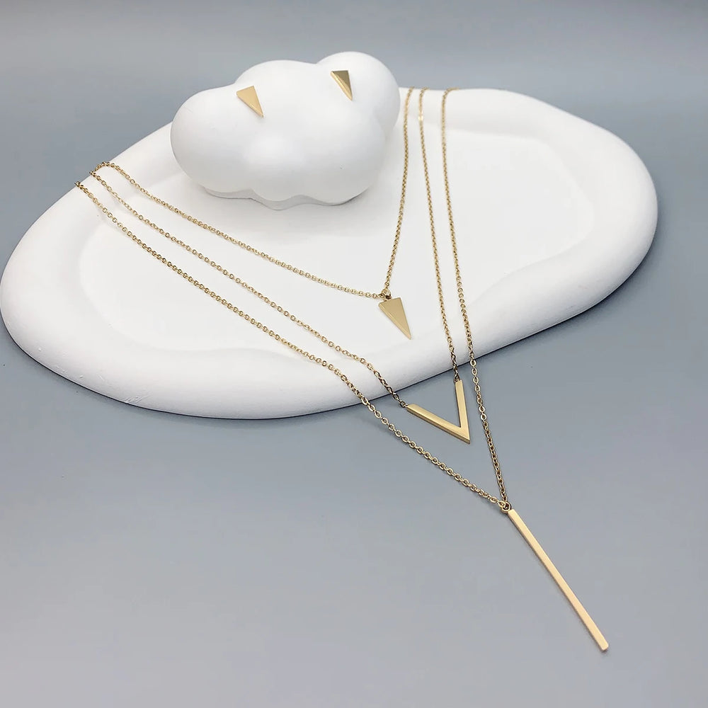 V-Shaped Layered Necklace & Earrings Set | Braviixx