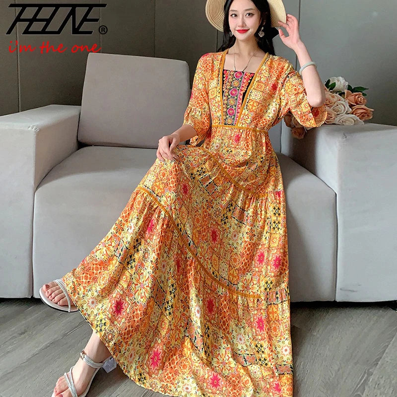Boho Print Maxi Dress | Square Neck & Tiered Skirt | Braviixx