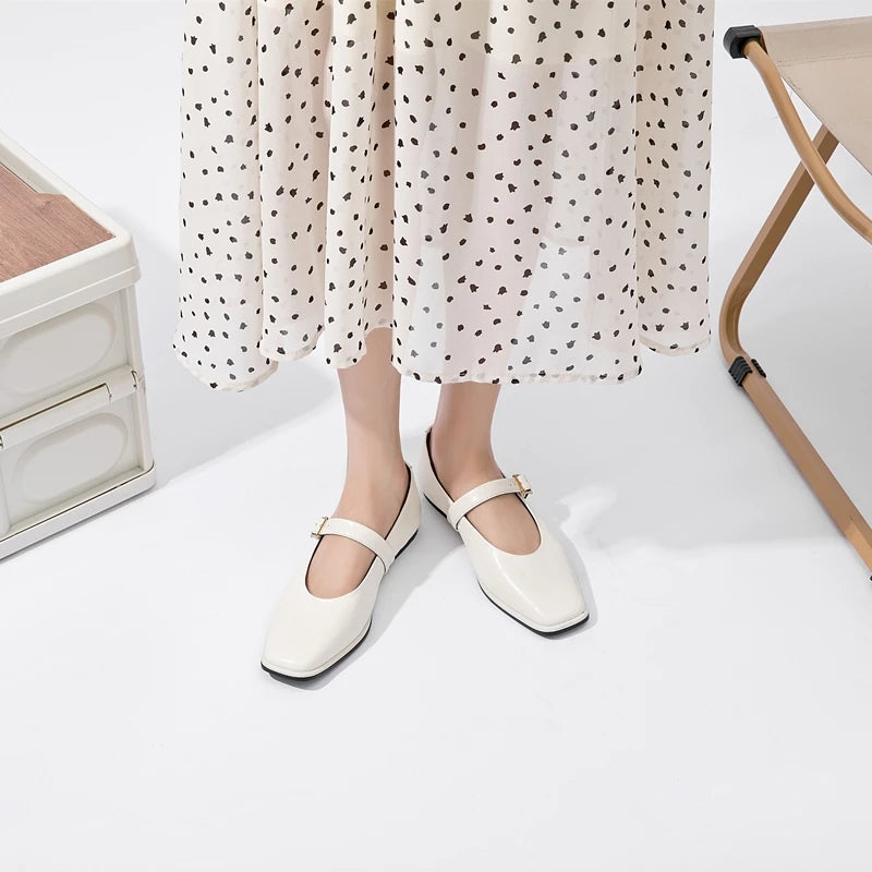 AIYUQI Mary Jane Shoes Female Genuine Leather 2026 New Snap Ballet Shoes Women Square Toe Flat Cowhide Ladies Shoes