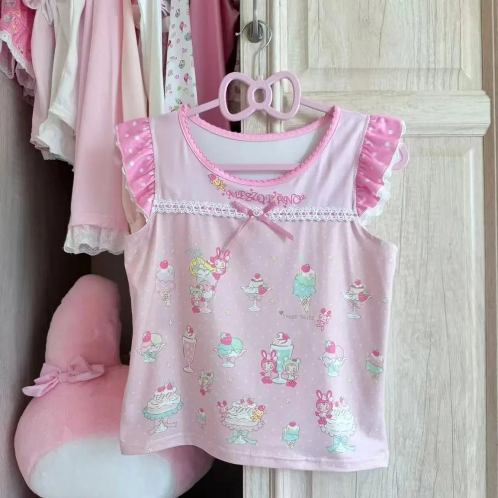 Kawaii Cartoon Print Ruffle-Trim Top | Braviixx