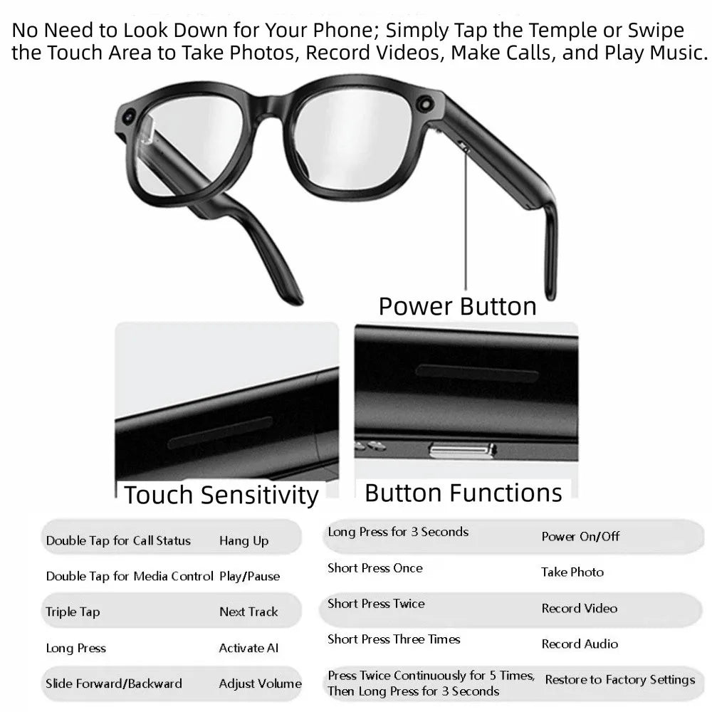 AI Smart Glasses with 8MP Camera | Real-Time Translation, 1080p Video Recording, Bluetooth Music & Anti-Blue Light | Braviixx