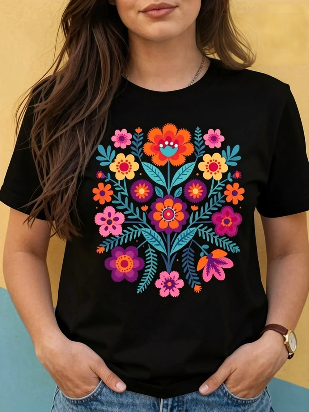 Mexican Embroidery Floral Women's Tee - Vibrant Folk Art Graphic, Casual Black Top T Shirt Women Clothing Graphic T Shirts