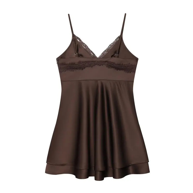 Ladies Silky Satin Slip Dress, Sexy V-Neck Lace Trim Spaghetti Strap Mini Dress, Lightweight for Summer Casual Outings