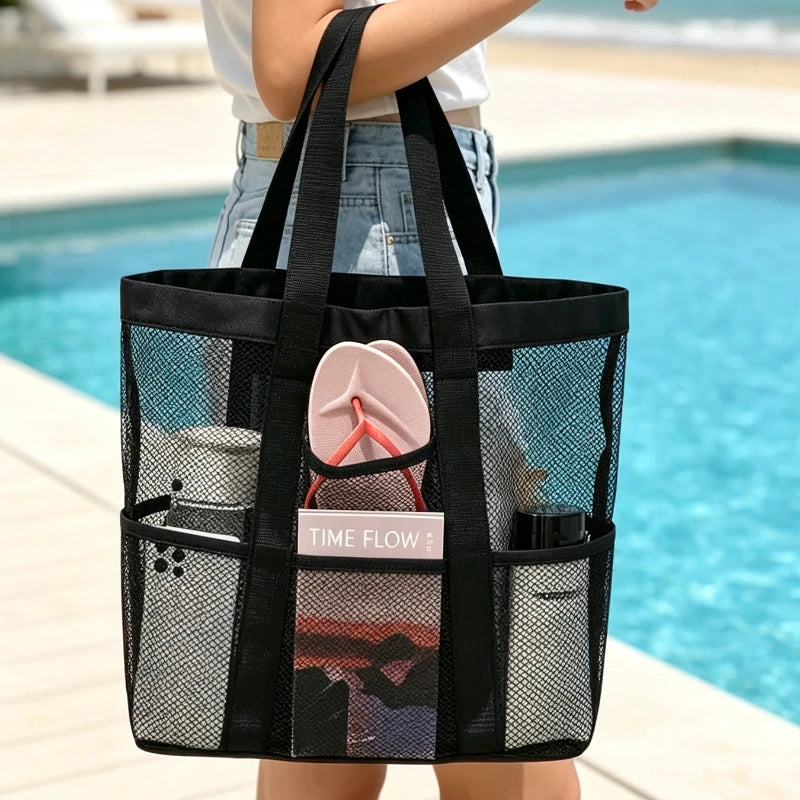 Mesh Beach Tote Bag | Exterior Pockets & Twin Handles | Braviixx