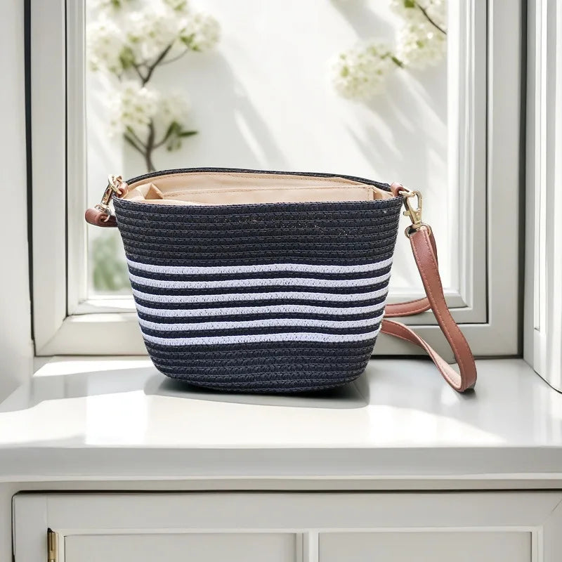 Women's Handwoven Straw Bucket Crossbody Bag | Linen · Striped · Beach · Travel | 4 Colours | Braviixx