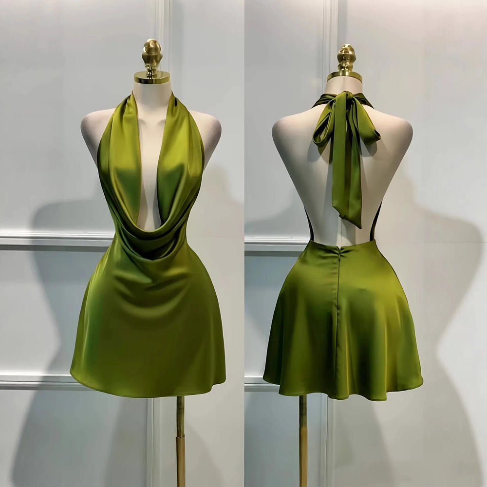 Satin Halter Mini Dress | Draped Neckline & Open Back | Braviixx