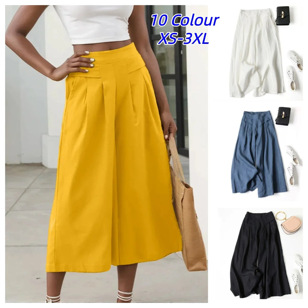 2026 Summer Women's Culottes Cotton Linen Cropped Wide Leg Pants Elastic Waist Casual Palazzo Clean Fit Trousers with Pockets