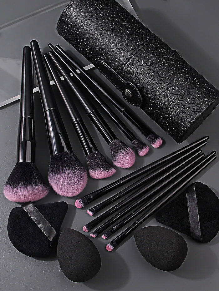 17 Makeup Tools Set 12 Face Makeup Brush Set with Makeup Egg Triangle Powder Puff Makeup Brush Storage Bucket Makeup Tools