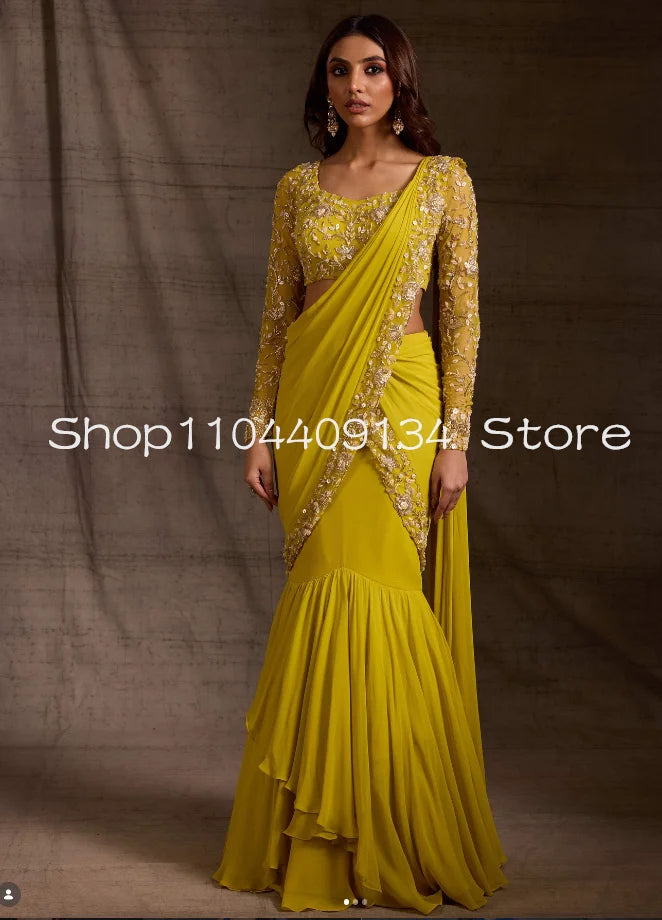 Embroidered Mermaid Saree Set | Long Sleeves | Braviixx
