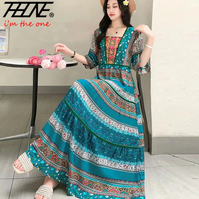 Boho Print Maxi Dress | Square Neck & Tiered Skirt | Braviixx