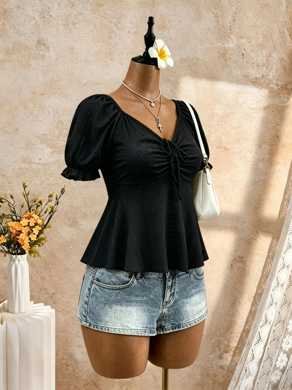 2 Pack Multi-color Women V Neck Puff Short Sleeve Drawstring Ruched Eyelet Embroidery Peplum Blouse 2026 Summer Y2K Casual Vacat