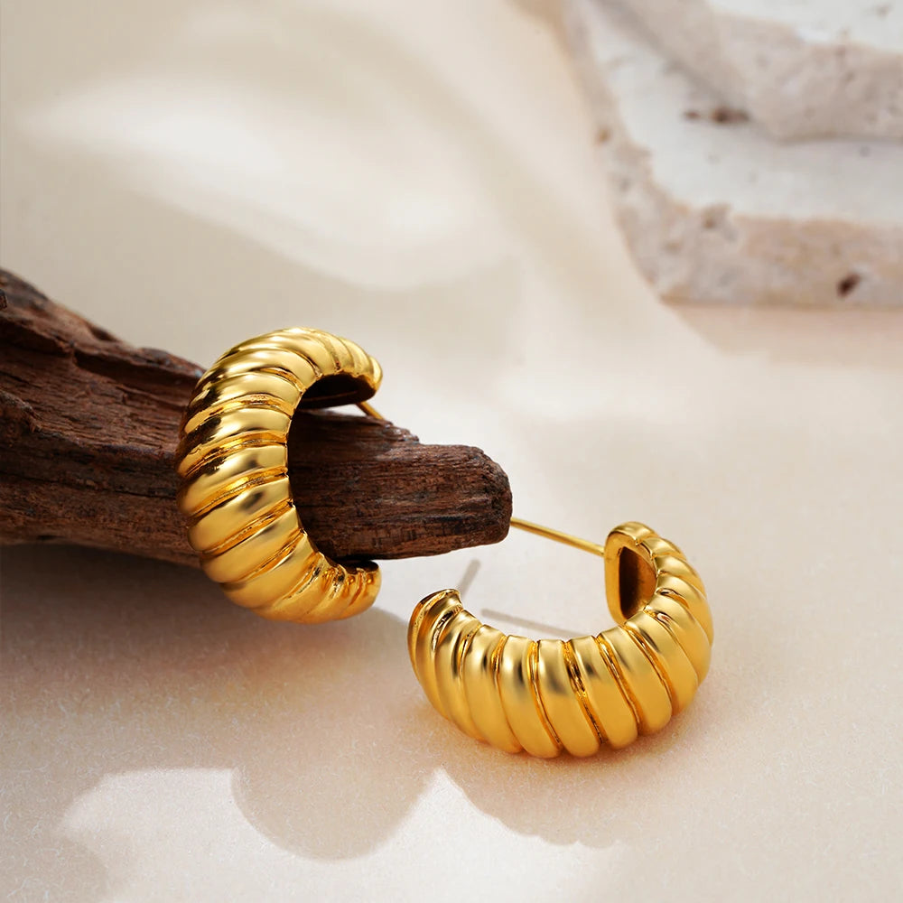 Vintage Texture Stripe C-shape Chunky Hoop Earrings for Women 18k Gold Plated Twisted Statement Hoops Fashion Jewelry Gifts