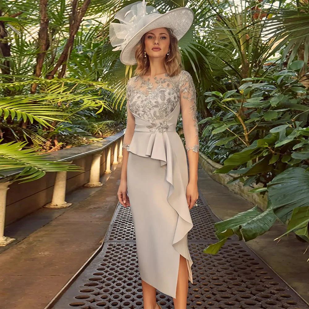 Customized Wedding Guest Wedding Party Dresses Sheath/Column Mother of the Bride Dress Grey O-Neck Lace Ruffles Cocktail Gowns