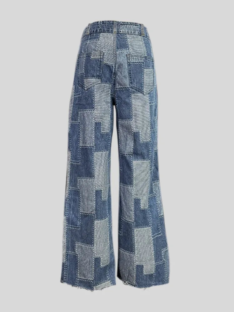 2026 Women Patchwork High Waist Wide Leg Jeans Two Tone Floor Length Y2K Casual Denim Pants Women's Pants & Trousers