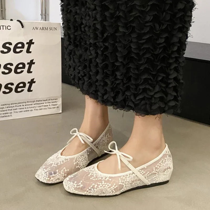 2025 Summer New Women Flats Shoes Square Head Shallow Mouth Women Shoes Fashion Bow Ballet Flat Shoes for Women Zapatos De Mujer
