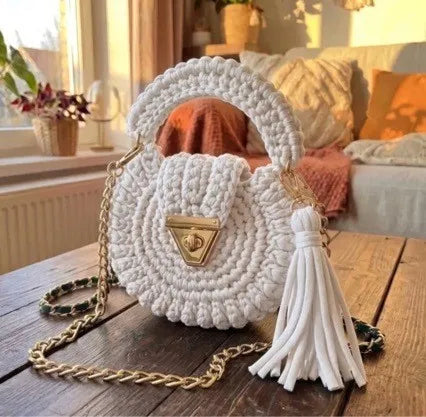 Round Crochet Handbag | Tassel & Chain Shoulder Strap | Braviixx