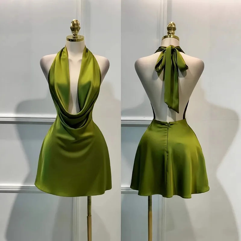 Satin Halter Mini Dress | Draped Neckline & Open Back | Braviixx
