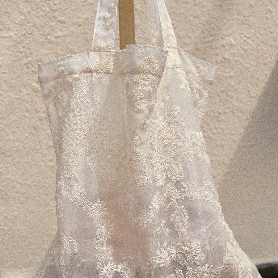 Floral Embroidered Sheer Tote Bag | Ivory Lace-Look Design | Braviixx