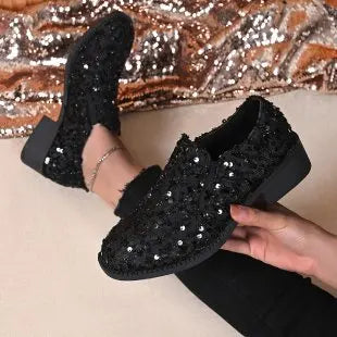 Women's Black Sequin Loafers | Slip-On & Block Heel | Braviixx