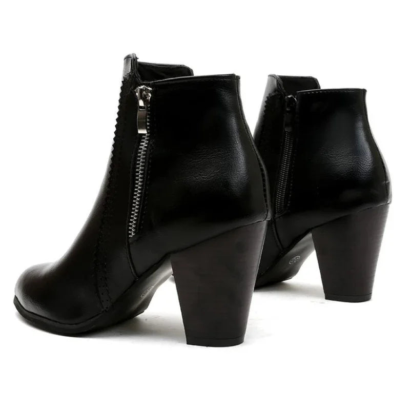 Zip-Up Ankle Boots | PU Block Heel | Braviixx