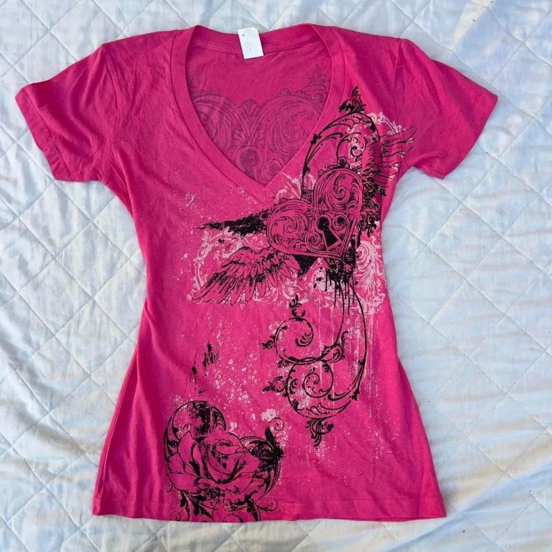 Women Y2K Hot Pink Graphic Tee with Heart Wings & Rose Print, V-Neck Fitted Short Sleeve T-Shirt 2026