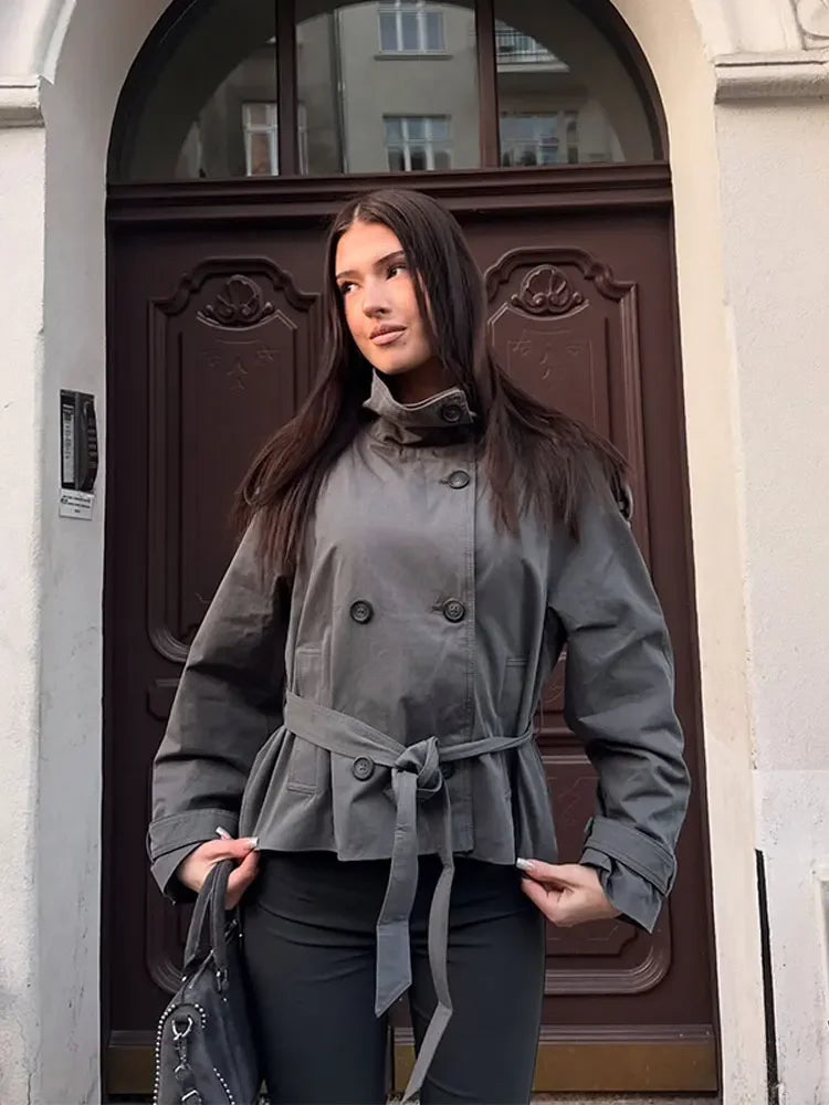 Women's Coats Jacket Double Breasted Belted Cropped Trench Coat Stand Collar Long Sleeve Casual New Arrival Outerwear For Ladies