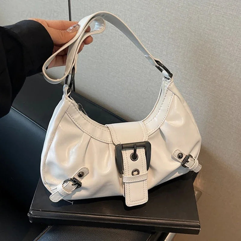 Pleated Hobo Shoulder Bag | Glossy Finish & Buckle Details | Braviixx