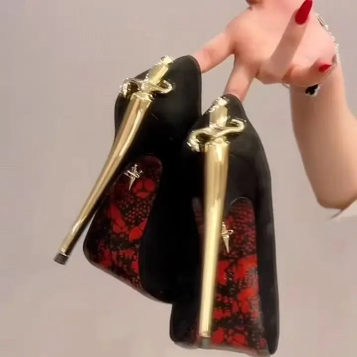 Pointed-Toe Pumps | Gold-Tone Sword-Shaped Heels | Braviixx