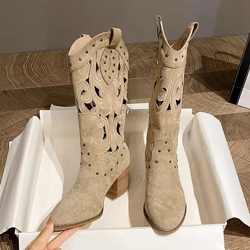 Hollow Embroidered Vintage Western Boots Women 2026 Autumn Chunky Heels Knee High Cowboy Boots Woman Pu Leather Knight Booties