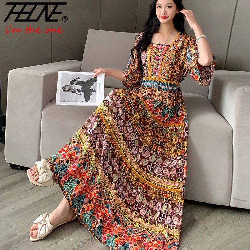 Boho Print Maxi Dress | Square Neck & Tiered Skirt | Braviixx