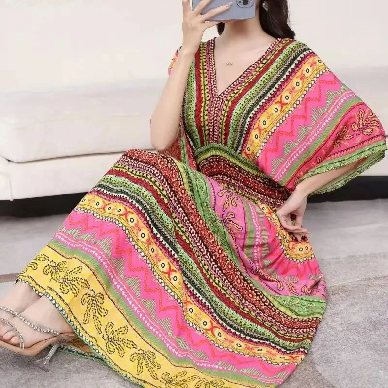 Vintage Print Midi Dress | V-Neck & Shirred Waist | Braviixx