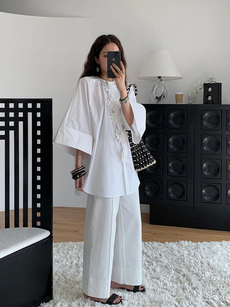 CHEERART Designer Cotton White Oversized Shirt For Woman Applique Half Sleeve Button Up Shirts Blouse 2026 Fashion Clothes