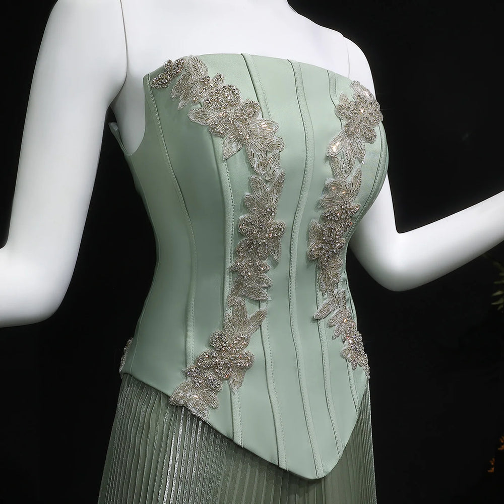 Sharon Said 2026 NEW Wedding Guest Party Gowns Pleats Women Strapless Satin Beaded Formal Evening Dress Ruffles SF400 Customized