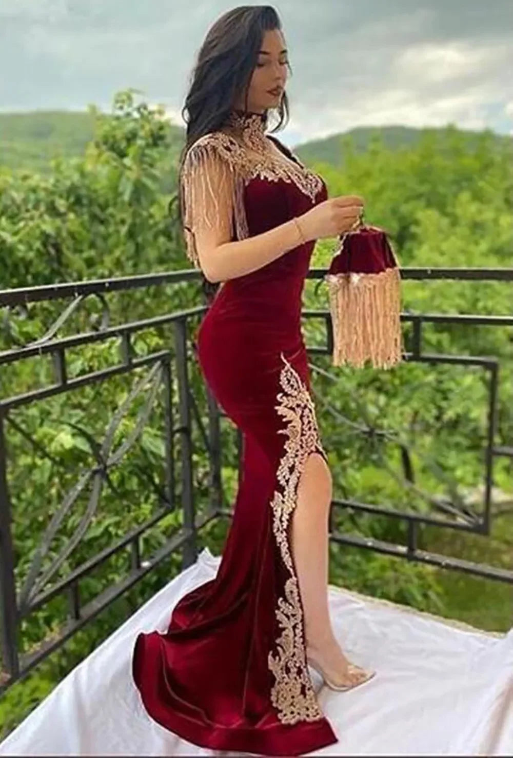 Appliqué Evening Gown | Shoulder Fringe & High Slit | Braviixx