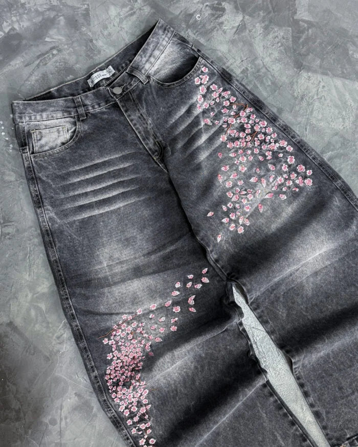 2026 Gray and White Retro Low Waist Hip Hop Cherry Blossom Embroidered Jeans Wide Leg Pants Y2K Clothes Men Women Loose Jeans
