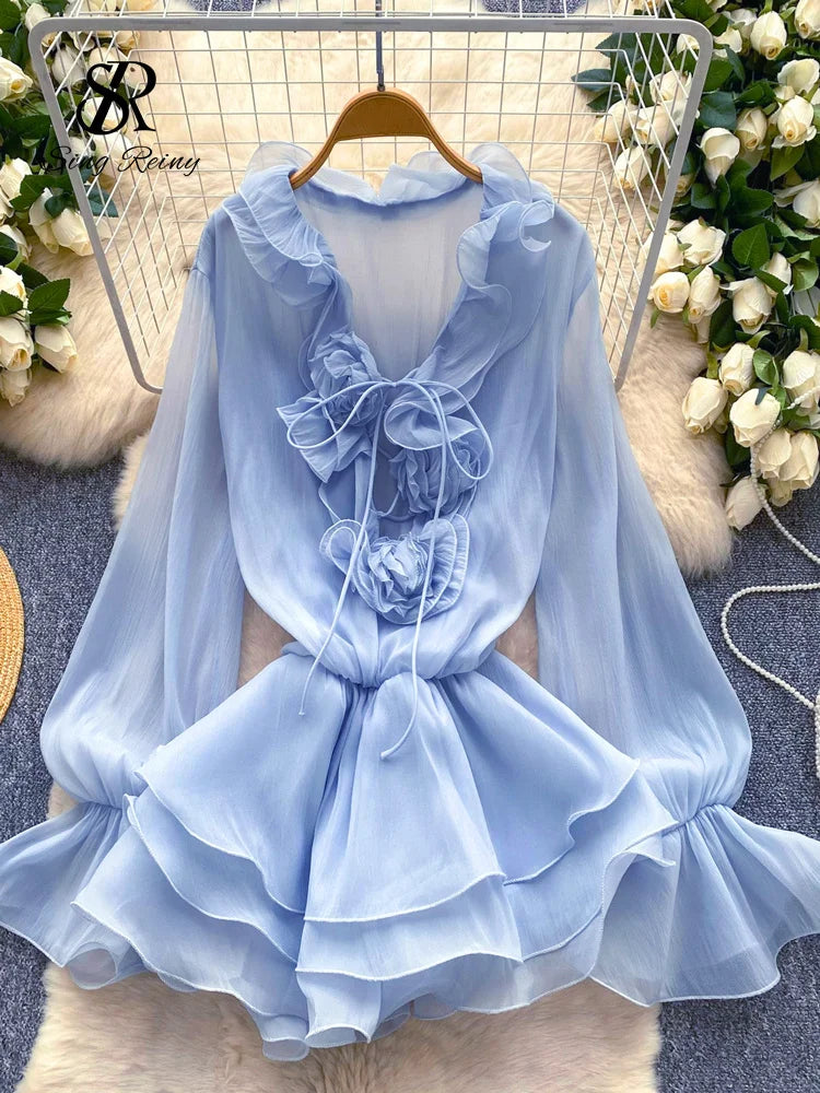 SINGREINY 3D Floral Beach Short Dress Female Long Sleeves Lace Up Ruffle Chiffon Cake Sundress Sheer Sexy Vintage Bohemian Dress