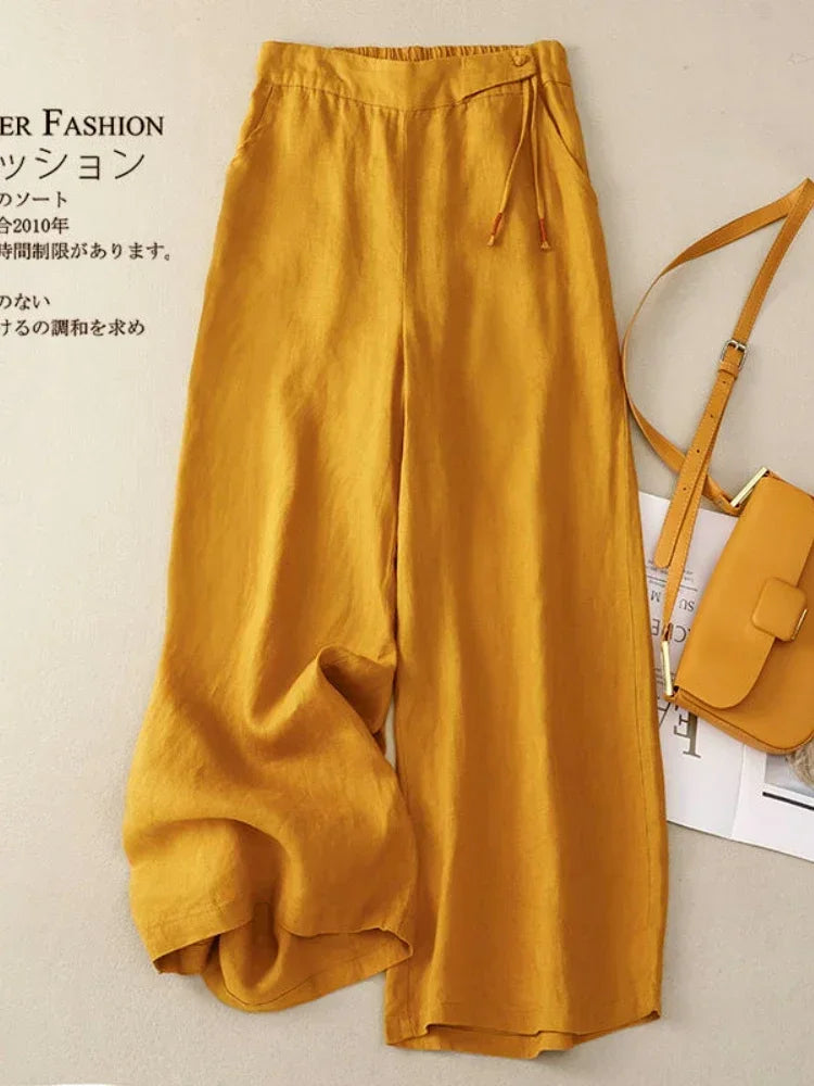 Women's High Waist Wide Leg Pants Summer 2026 Yellow Retro Cotton Linen Casual Pants Women Loose Straight Elastic Trousers