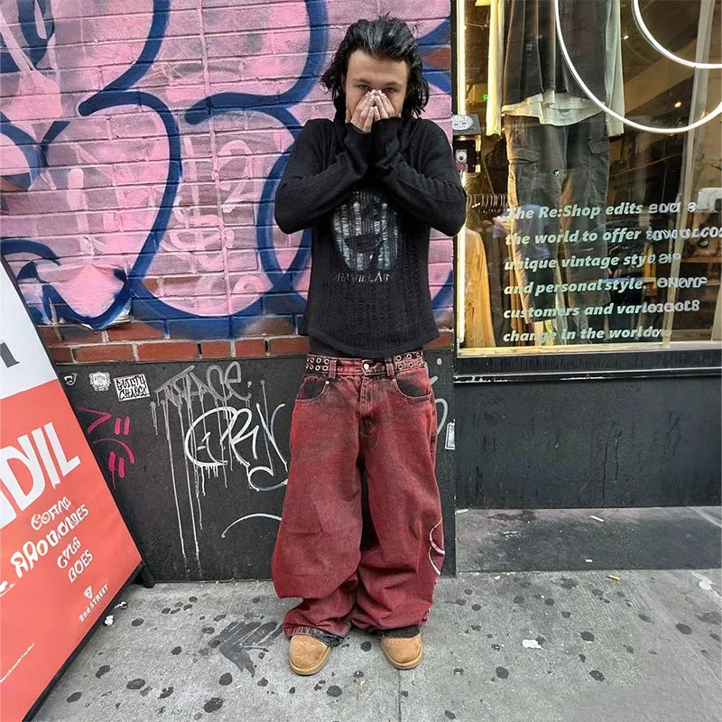 Vintage 2000s Washed Red Rivet Waist Belt Jeans Casual Denim Pants Straight Wide Leg Jeans Harajuku Y2k Women Clothing