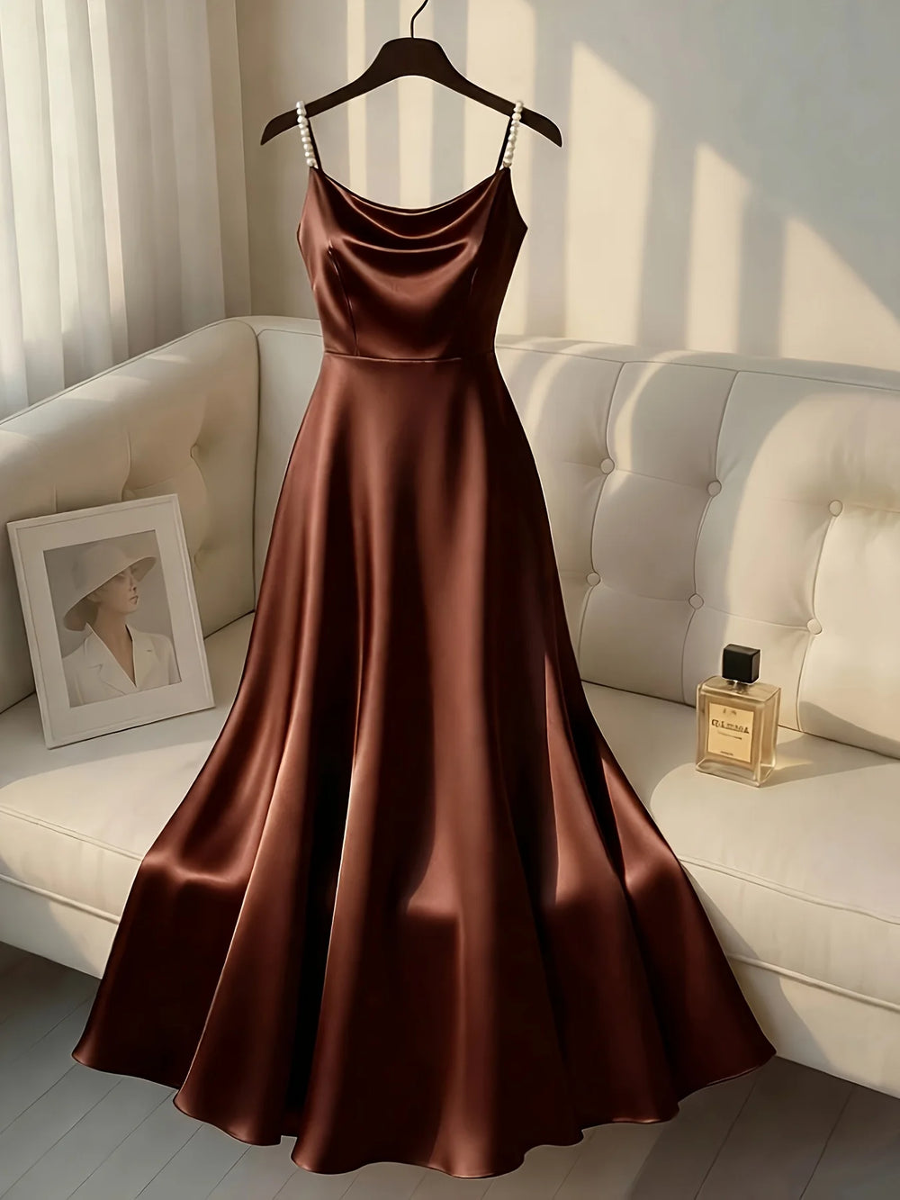 Pearl Strap Satin Slip Retro Dress. Simple in Design, Stylish and Elegant, Ideal for Parties, Weddings, Dates and Daily Commutin