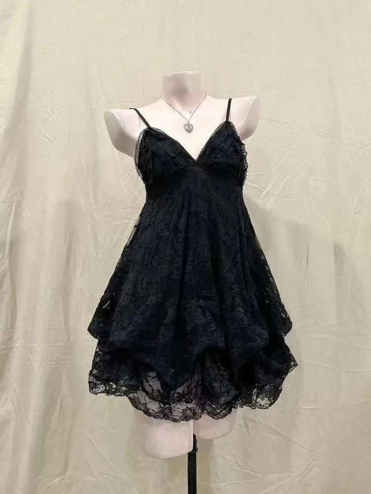 Gothic Retro Sweet Bud Mini Dress Women Harajuku Y2k Strap Dress Y2K Aesthetic Club Party Fashion Outfits