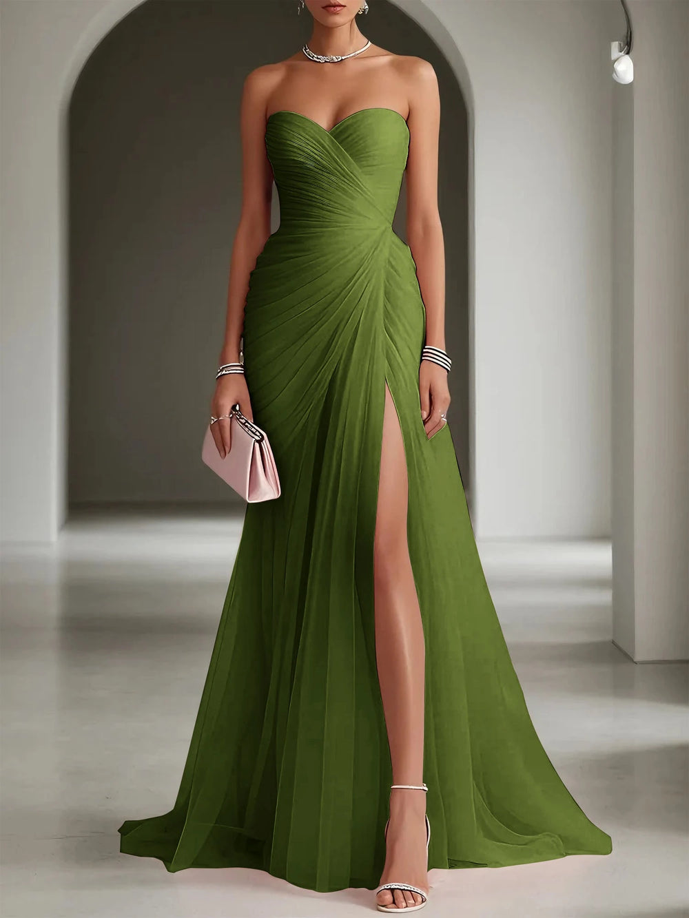 Sweetheart Strapless Ruched Tulle Gown | High Slit Lace-Up Formal Bridesmaid & Wedding Guest Dress