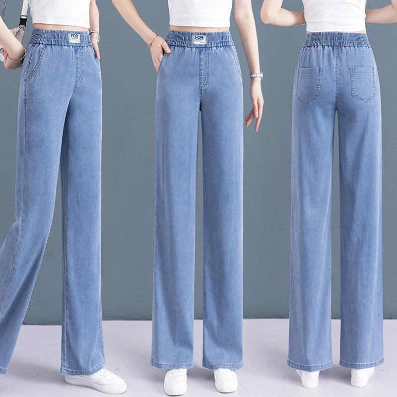 Denim Pants Women's Loose Fit High Waist Long Trousers Spring Autumn 2025 New Style Thin Ice Silk Drape Wide Leg Pants