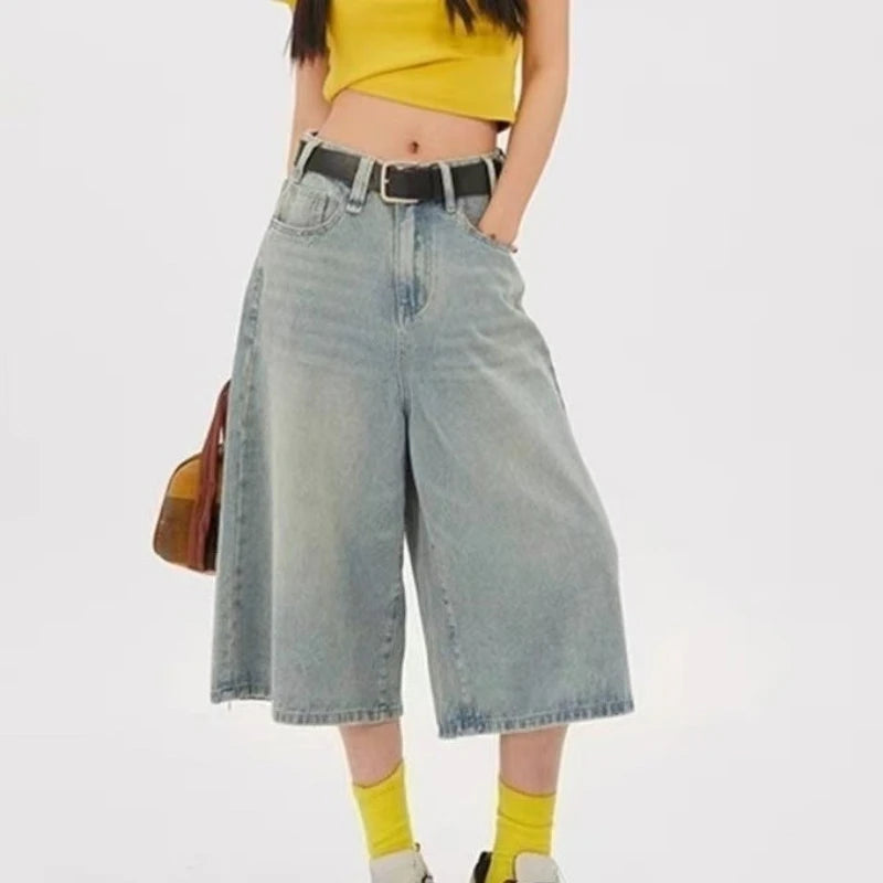 2026 Y2k Retro Women Low Rise Jorts Brushed Black Wash Cropped Baggy Jeans Wide Leg Frayed Denim Short Pants Fashion