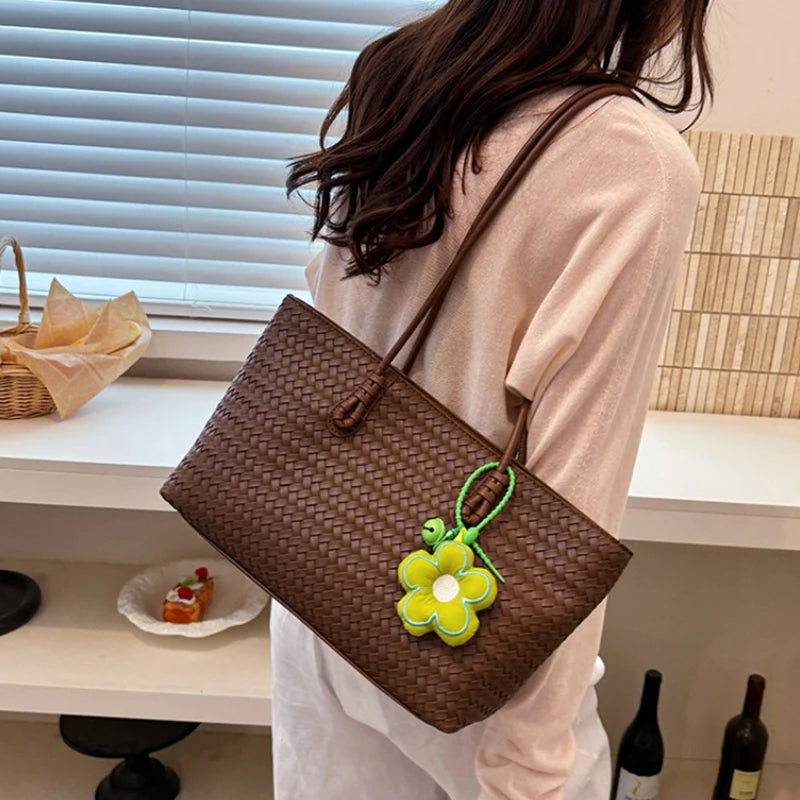 Women's Woven-Look Tote Bag | Flower Pendant & Shoulder Handles | Braviixx