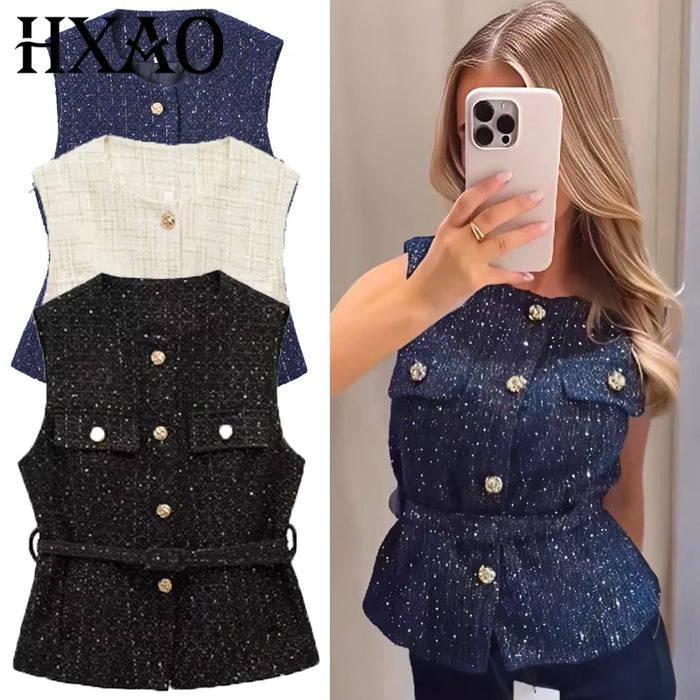 Women's Sparkle Tweed Sleeveless Vest | Gold Button Waistcoat · Lined · Blue · Beige · Black | Braviixx