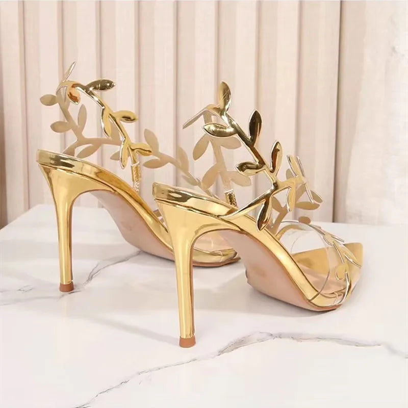 Gold Leaf-Detail Sandals | Open-Toe Stiletto Heels | Braviixx