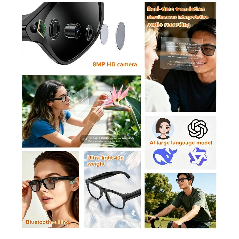 AI Smart Glasses with 8MP HD Camera | Bluetooth Calling, AI Translation, Video Recording & Music Playback | Braviixx