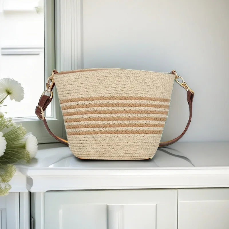 Women's Handwoven Straw Bucket Crossbody Bag | Linen · Striped · Beach · Travel | 4 Colours | Braviixx